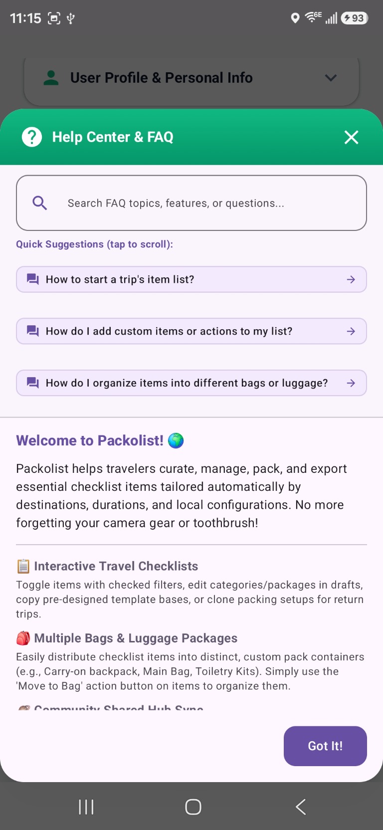 Packolist Help Center & FAQ in the app