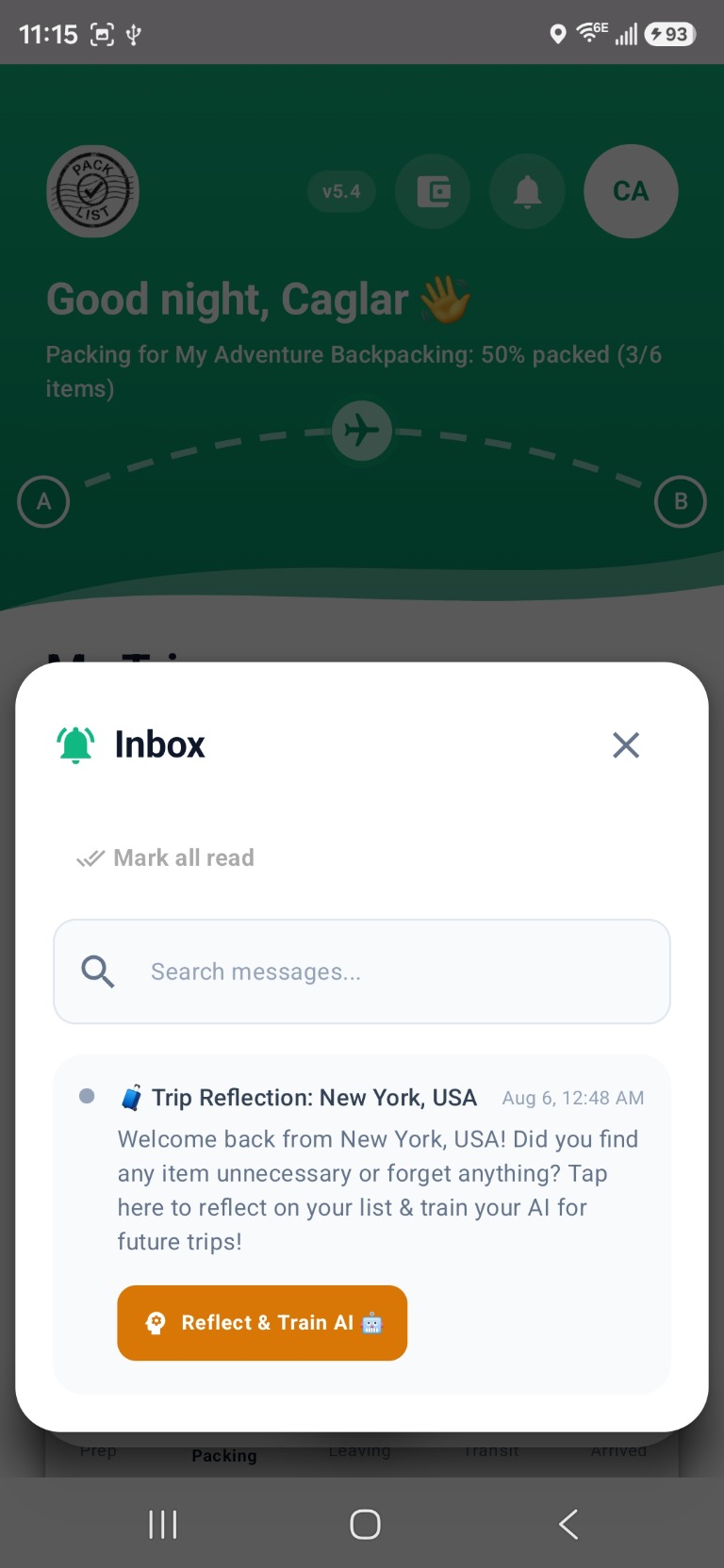 Inbox — Trip Reflection notification