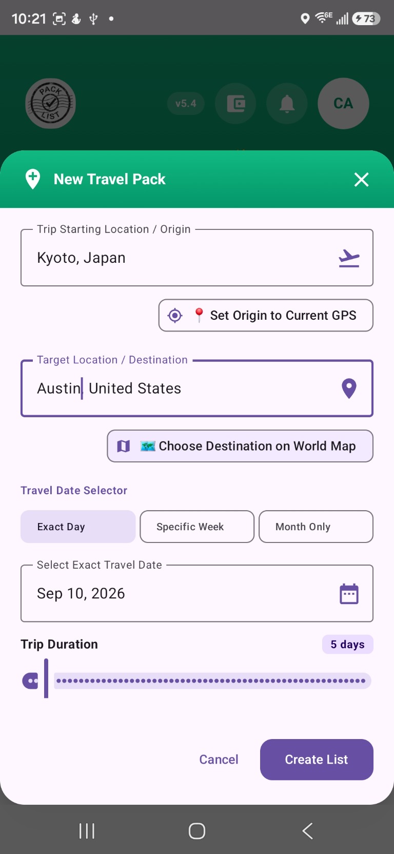 New Travel Pack manual form